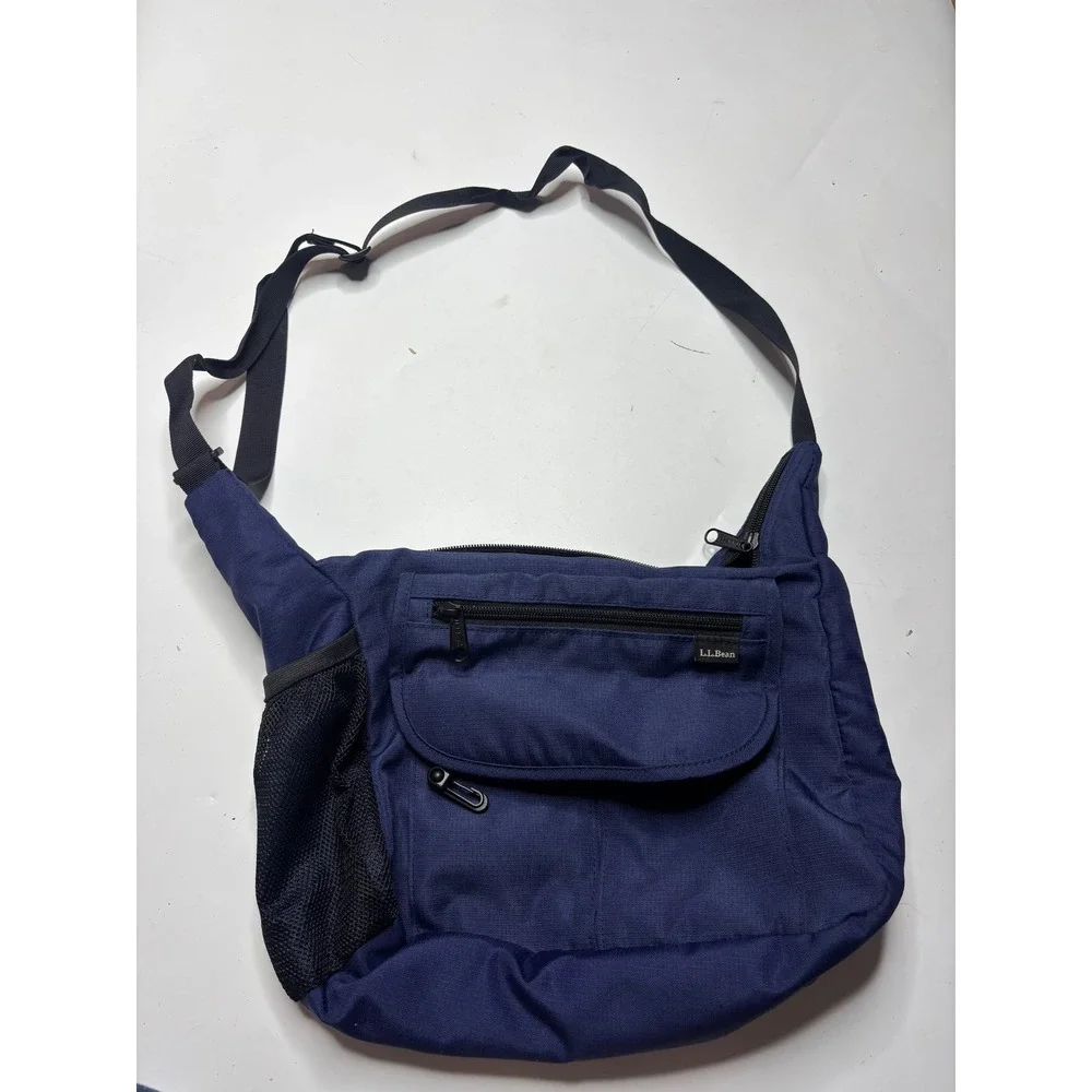 LL Bean Messenger Bag Navy Blue Nylon Crossbody Shoulder Travel Flap Pocket